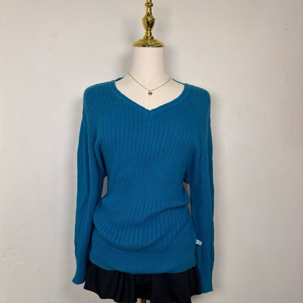 vintage route 66‎ blue knit sweater y2k vneck dark academia autumn cozy twilight